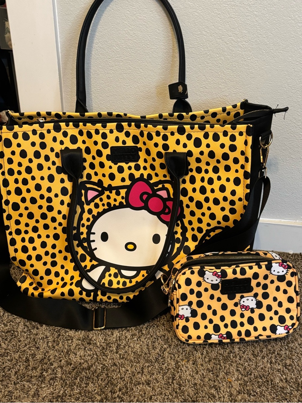 Hello Kitty Yellow and Black Leopard Print Tote with Matching Crossbody